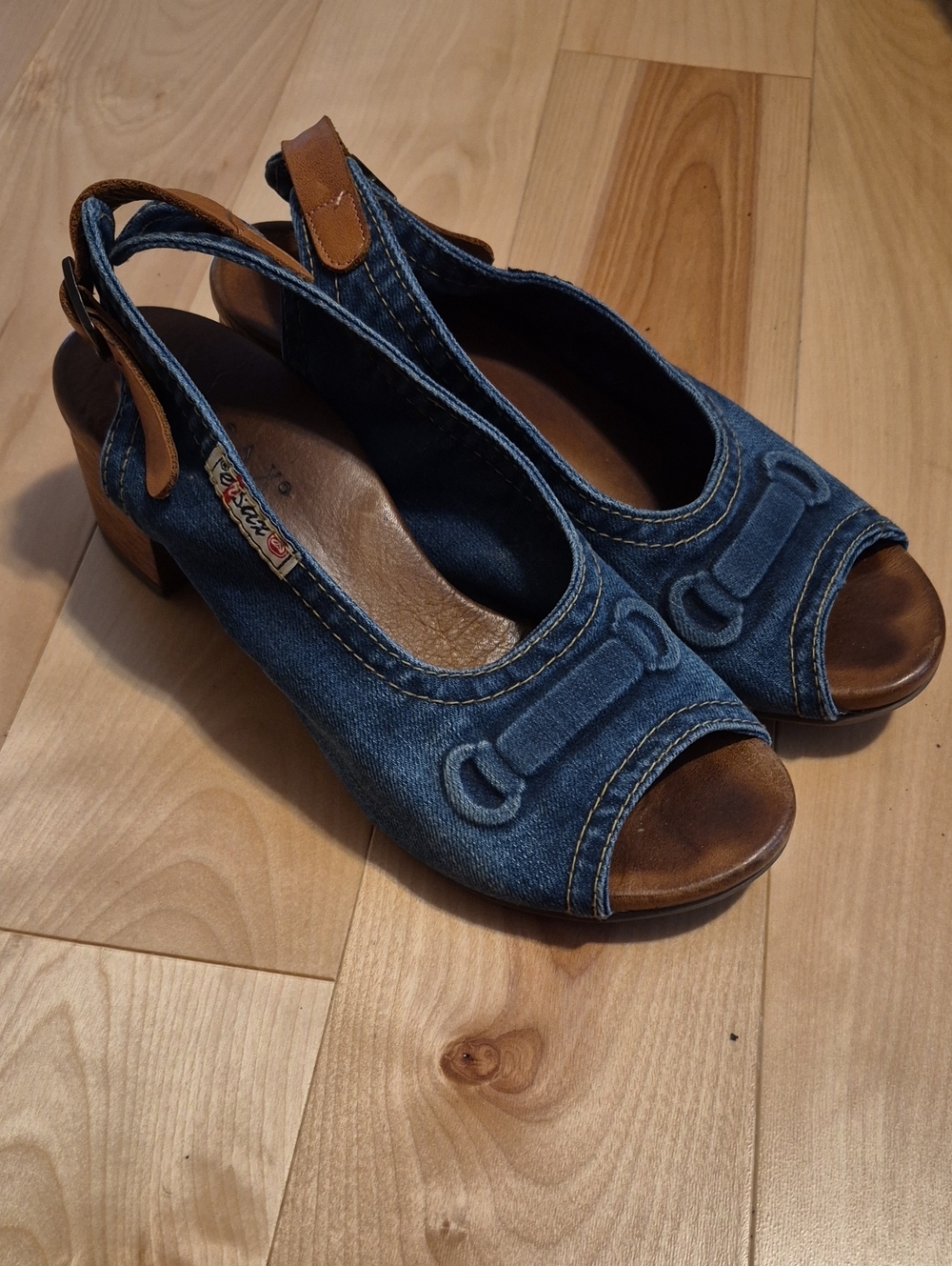 ERSAX Size 7.5 Us (38) Denim Open-Toe Slingback Heels - Blue